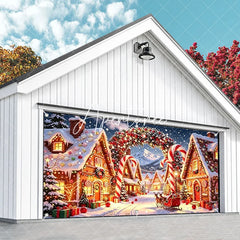 Aperturee - Aperturee Whimsical Gingerbread Christmas Village Garage Door Banner Santa Reindeer Festive Lights Decor