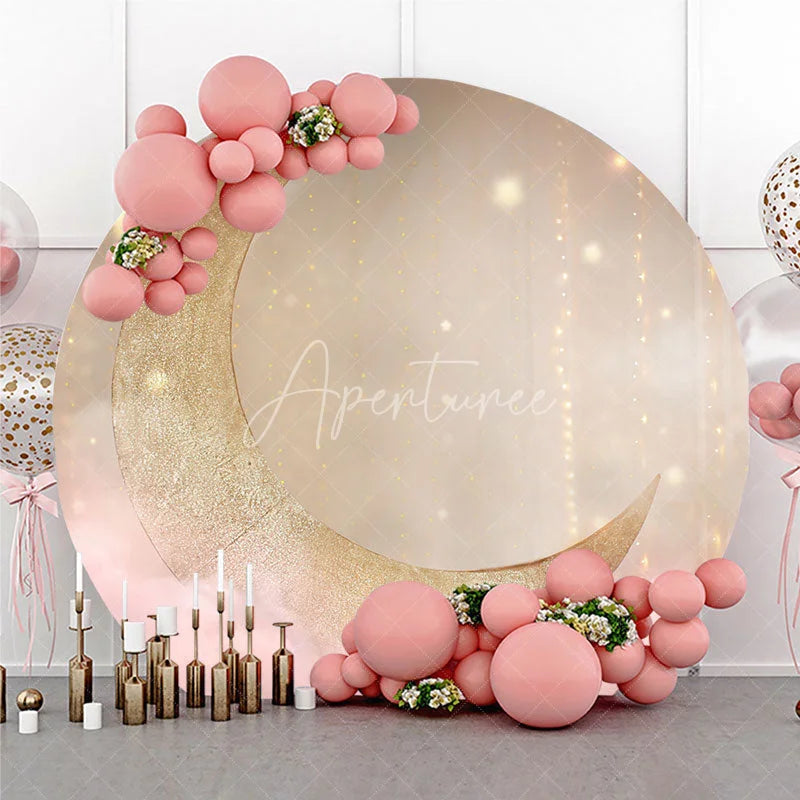 Aperturee - Aperturee Whimsical Golden Crescent Moon and Pink Clouds Round Backdrop Sparkling Stars Baby Shower or Birthday Party Decor