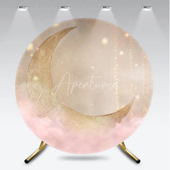 Aperturee - Aperturee Whimsical Golden Crescent Moon and Pink Clouds Round Backdrop Sparkling Stars Baby Shower or Birthday Party Decor