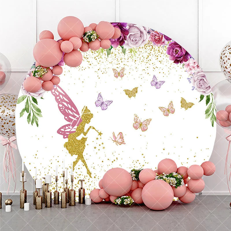 Aperturee - Aperturee Whimsical Golden Fairy and Butterfly Floral Arch Round Backdrop Magical Birthday Party Decor for Girls
