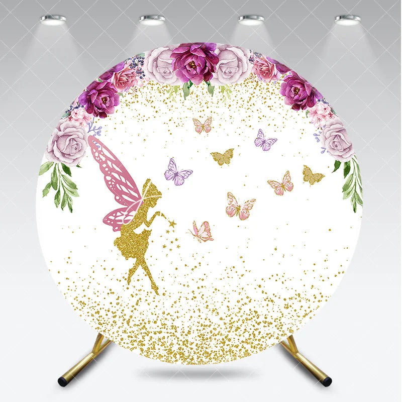 Aperturee - Aperturee Whimsical Golden Fairy and Butterfly Floral Arch Round Backdrop Magical Birthday Party Decor for Girls