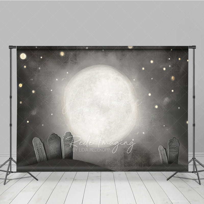 Aperturee - Aperturee Whimsical Graveyard Photography Backdrop Painterly Full Moon and Tombstones Starry Halloween Night Background
