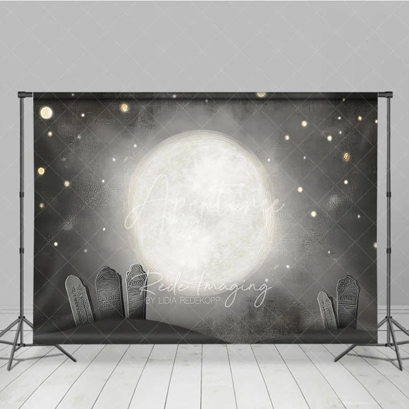 Aperturee - Aperturee Whimsical Graveyard Photography Backdrop Painterly Full Moon and Tombstones Starry Halloween Night Background