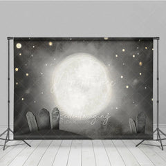Aperturee - Aperturee Whimsical Graveyard Photography Backdrop Painterly Full Moon and Tombstones Starry Halloween Night Background