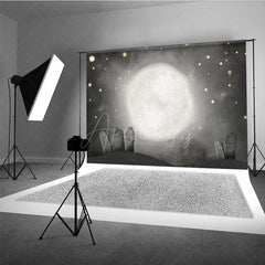 Aperturee - Aperturee Whimsical Graveyard Photography Backdrop Painterly Full Moon and Tombstones Starry Halloween Night Background