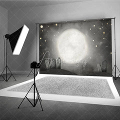 Aperturee - Aperturee Whimsical Graveyard Photography Backdrop Painterly Full Moon and Tombstones Starry Halloween Night Background