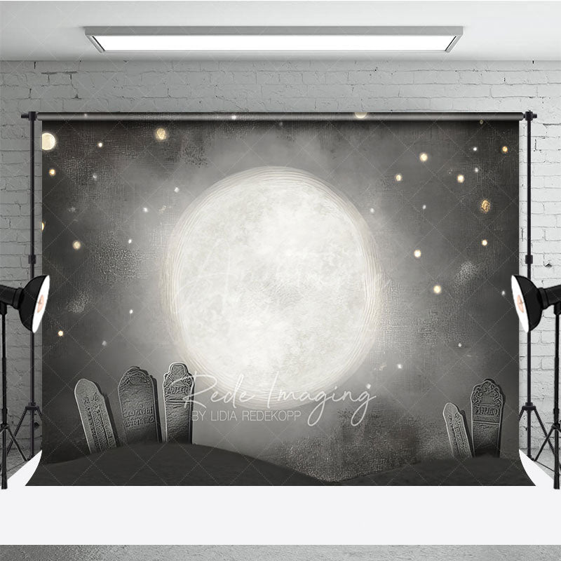 Aperturee - Aperturee Whimsical Graveyard Photography Backdrop Painterly Full Moon and Tombstones Starry Halloween Night Background