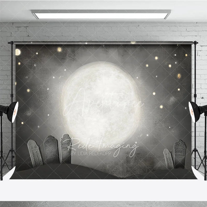 Aperturee - Aperturee Whimsical Graveyard Photography Backdrop Painterly Full Moon and Tombstones Starry Halloween Night Background