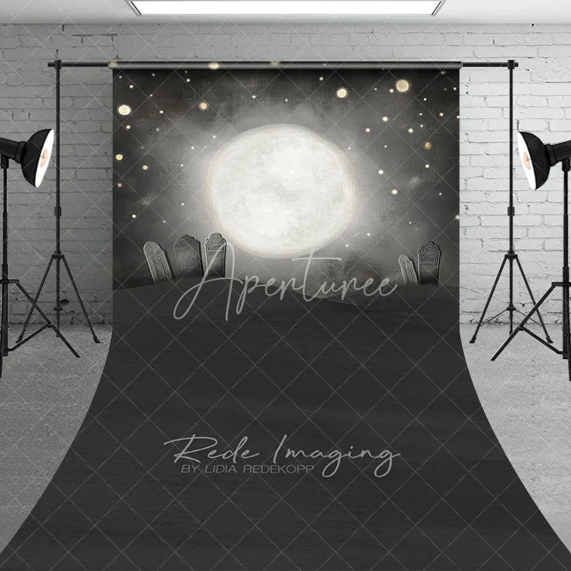 Aperturee - Aperturee Whimsical Graveyard Sweep Backdrop Painterly Full Moon and Tombstones Starry Halloween Night Photo Floor Drop