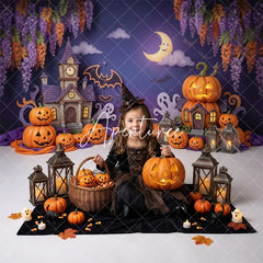 Aperturee - Aperturee Whimsical Halloween Haunted House and Pumpkin Combo Set Backdrop Spooky Moon Bat Ghost Party Decor