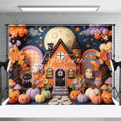 Aperturee - Aperturee Whimsical Halloween Haunted House Photography Backdrop Cute Ghosts and Pumpkins with Autumn Leaves for Kids Party