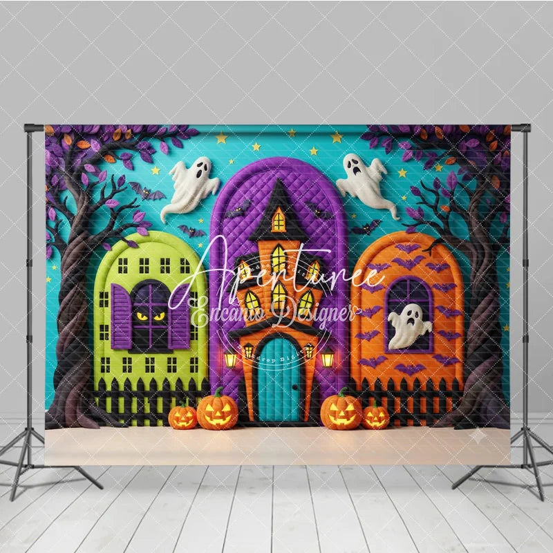 Aperturee - Aperturee Whimsical Halloween Haunted House Photography Backdrop Spooky Ghosts and Jack-o’-Lanterns Party Decor