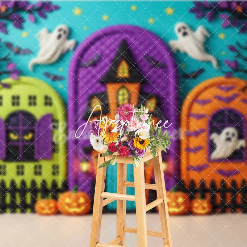 Aperturee - Aperturee Whimsical Halloween Haunted House Photography Backdrop Spooky Ghosts and Jack-o’-Lanterns Party Decor