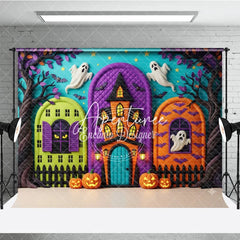 Aperturee - Aperturee Whimsical Halloween Haunted House Photography Backdrop Spooky Ghosts and Jack-o’-Lanterns Party Decor