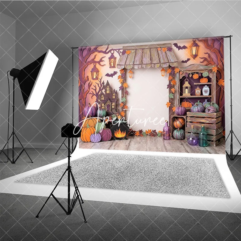 Aperturee - Aperturee Whimsical Halloween Haunted House Photography Backdrop with Pumpkins and Autumn Leaves Spooky Fall Party Decor
