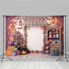 Aperturee - Aperturee Whimsical Halloween Haunted House Photography Backdrop with Pumpkins and Autumn Leaves Spooky Fall Party Decor