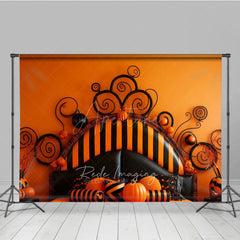 Aperturee Aperturee Whimsical Halloween Headboard Photography Backdrop Orange and Black Stripe Bed Spooky Fun Bedroom Photo Prop