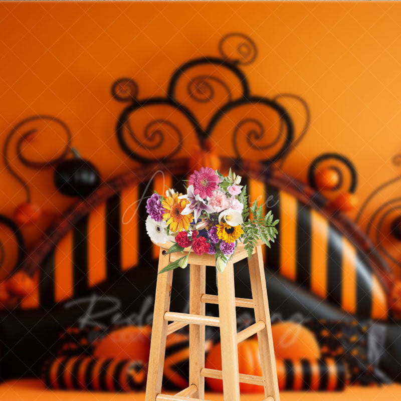 Aperturee Aperturee Whimsical Halloween Headboard Photography Backdrop Orange and Black Stripe Bed Spooky Fun Bedroom Photo Prop