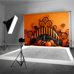 Aperturee Aperturee Whimsical Halloween Headboard Photography Backdrop Orange and Black Stripe Bed Spooky Fun Bedroom Photo Prop