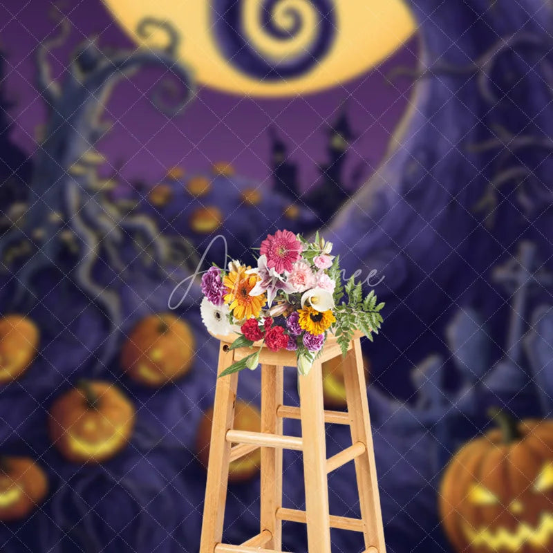 Aperturee - Aperturee Whimsical Halloween Night Holiday Backdrop with Full Moon Glowing Jack-o’-Lanterns and Twisted Trees