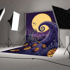 Aperturee - Aperturee Whimsical Halloween Night Holiday Backdrop with Full Moon Glowing Jack-o’-Lanterns and Twisted Trees