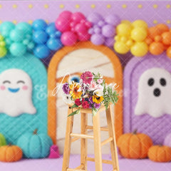 Aperturee - Aperturee Whimsical Halloween Photography Backdrop featuring Cute Ghosts Mummy Pumpkins and Balloon Arch for Kids Party Decor