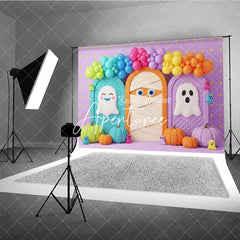 Aperturee - Aperturee Whimsical Halloween Photography Backdrop featuring Cute Ghosts Mummy Pumpkins and Balloon Arch for Kids Party Decor