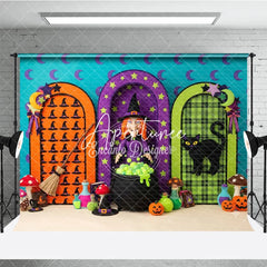 Aperturee - Aperturee Whimsical Halloween Photography Backdrop with a Witch Black Cat Cauldron and Arched Doors Festive Party Decor