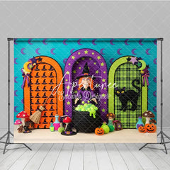 Aperturee - Aperturee Whimsical Halloween Photography Backdrop with a Witch Black Cat Cauldron and Arched Doors Festive Party Decor