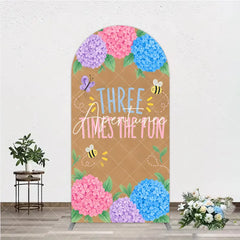 Aperturee - Aperturee Whimsical Hydrangea Butterfly Bee Three Times the Fun Round Top Arch Backdrop Pink Purple Blue Birthday Party Decor