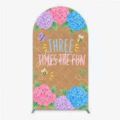 Aperturee - Aperturee Whimsical Hydrangea Butterfly Bee Three Times the Fun Round Top Arch Backdrop Pink Purple Blue Birthday Party Decor