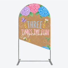Aperturee - Aperturee Whimsical Hydrangea Butterfly Bee Three Times the Fun Round Top Arch Backdrop Pink Purple Blue Birthday Party Decor