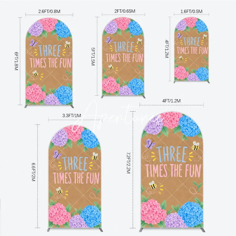 Aperturee - Aperturee Whimsical Hydrangea Butterfly Bee Three Times the Fun Round Top Arch Backdrop Pink Purple Blue Birthday Party Decor
