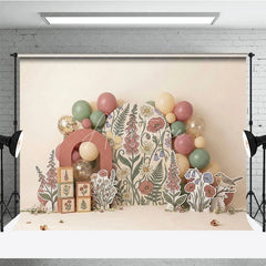 Aperturee - Aperturee Whimsical Muted Floral Photography Backdrop Botanical Garden Arch with Pastel Balloons for Baby Shower