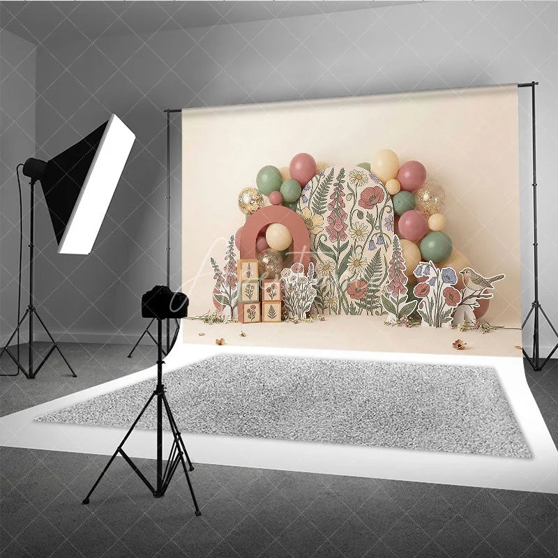 Aperturee - Aperturee Whimsical Muted Floral Photography Backdrop Botanical Garden Arch with Pastel Balloons for Baby Shower