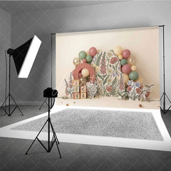 Aperturee - Aperturee Whimsical Muted Floral Photography Backdrop Botanical Garden Arch with Pastel Balloons for Baby Shower