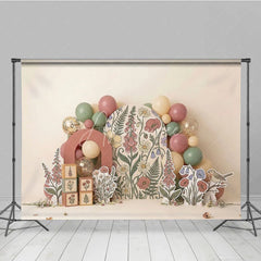 Aperturee - Aperturee Whimsical Muted Floral Photography Backdrop Botanical Garden Arch with Pastel Balloons for Baby Shower
