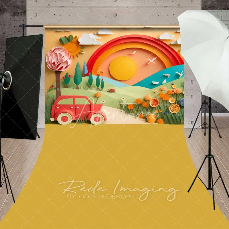 Aperturee - Aperturee Whimsical Paper Cut Art Rainbow Vintage Car Backdrop Sunny Landscape for Birthday Cake Smash Baby Shower