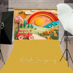Aperturee - Aperturee Whimsical Paper Cut Art Rainbow Vintage Car Backdrop Sunny Landscape for Birthday Cake Smash Baby Shower