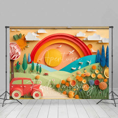 Aperturee - Aperturee Whimsical Paper Cut Out Landscape Backdrop Rainbow Sun Red Car Colorful Flowers Birthday Cake Smash Photography