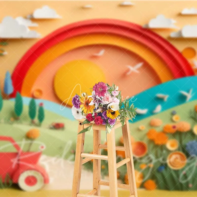 Aperturee - Aperturee Whimsical Paper Cut Out Landscape Backdrop Rainbow Sun Red Car Colorful Flowers Birthday Cake Smash Photography