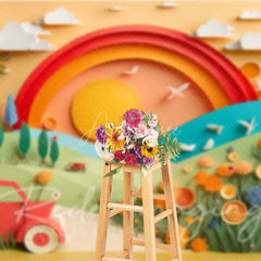 Aperturee - Aperturee Whimsical Paper Cut Out Landscape Backdrop Rainbow Sun Red Car Colorful Flowers Birthday Cake Smash Photography