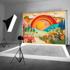 Aperturee - Aperturee Whimsical Paper Cut Out Landscape Backdrop Rainbow Sun Red Car Colorful Flowers Birthday Cake Smash Photography