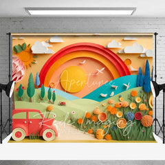 Aperturee - Aperturee Whimsical Paper Cut Out Landscape Backdrop Rainbow Sun Red Car Colorful Flowers Birthday Cake Smash Photography