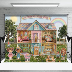 Aperturee - Aperturee Whimsical Pastel Dollhouse World Photography Backdrop Happy Cartoon Characters and a Rainbow Garden for Kids