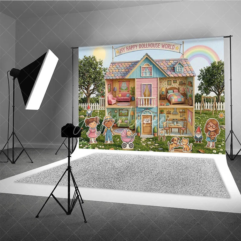 Aperturee - Aperturee Whimsical Pastel Dollhouse World Photography Backdrop Happy Cartoon Characters and a Rainbow Garden for Kids