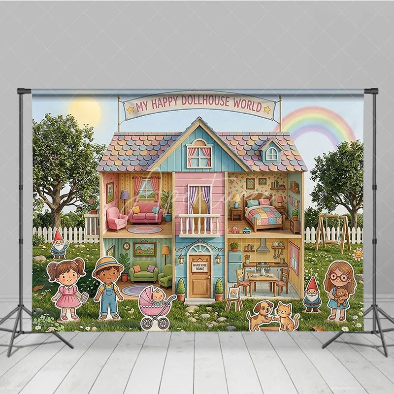 Aperturee - Aperturee Whimsical Pastel Dollhouse World Photography Backdrop Happy Cartoon Characters and a Rainbow Garden for Kids