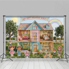 Aperturee - Aperturee Whimsical Pastel Dollhouse World Photography Backdrop Happy Cartoon Characters and a Rainbow Garden for Kids