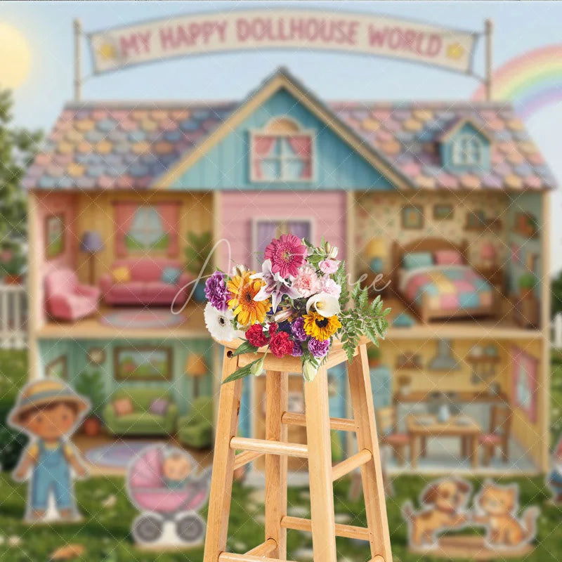 Aperturee - Aperturee Whimsical Pastel Dollhouse World Photography Backdrop Happy Cartoon Characters and a Rainbow Garden for Kids