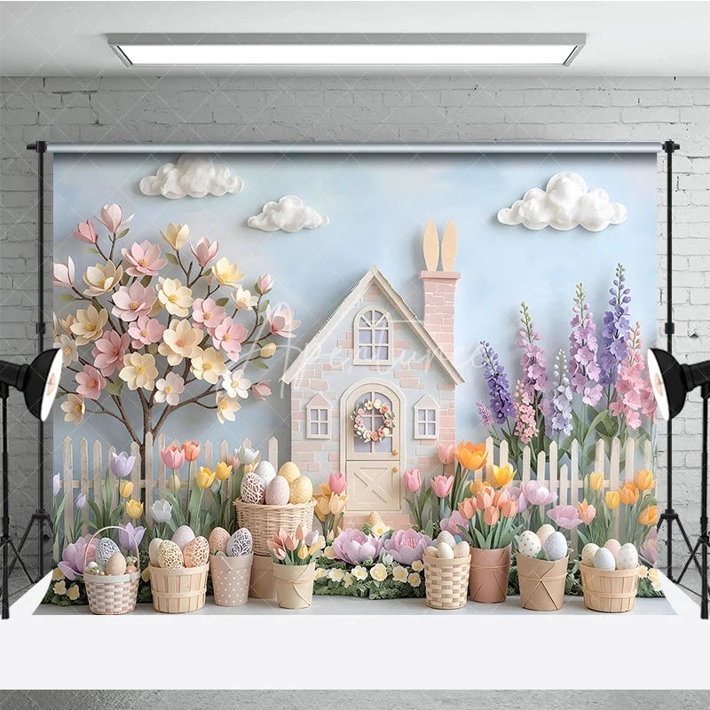 Aperturee - Aperturee Whimsical Pastel Easter House with Bunny Spring Flowers Photography Backdrop Dreamy Garden Scene for Celebrations